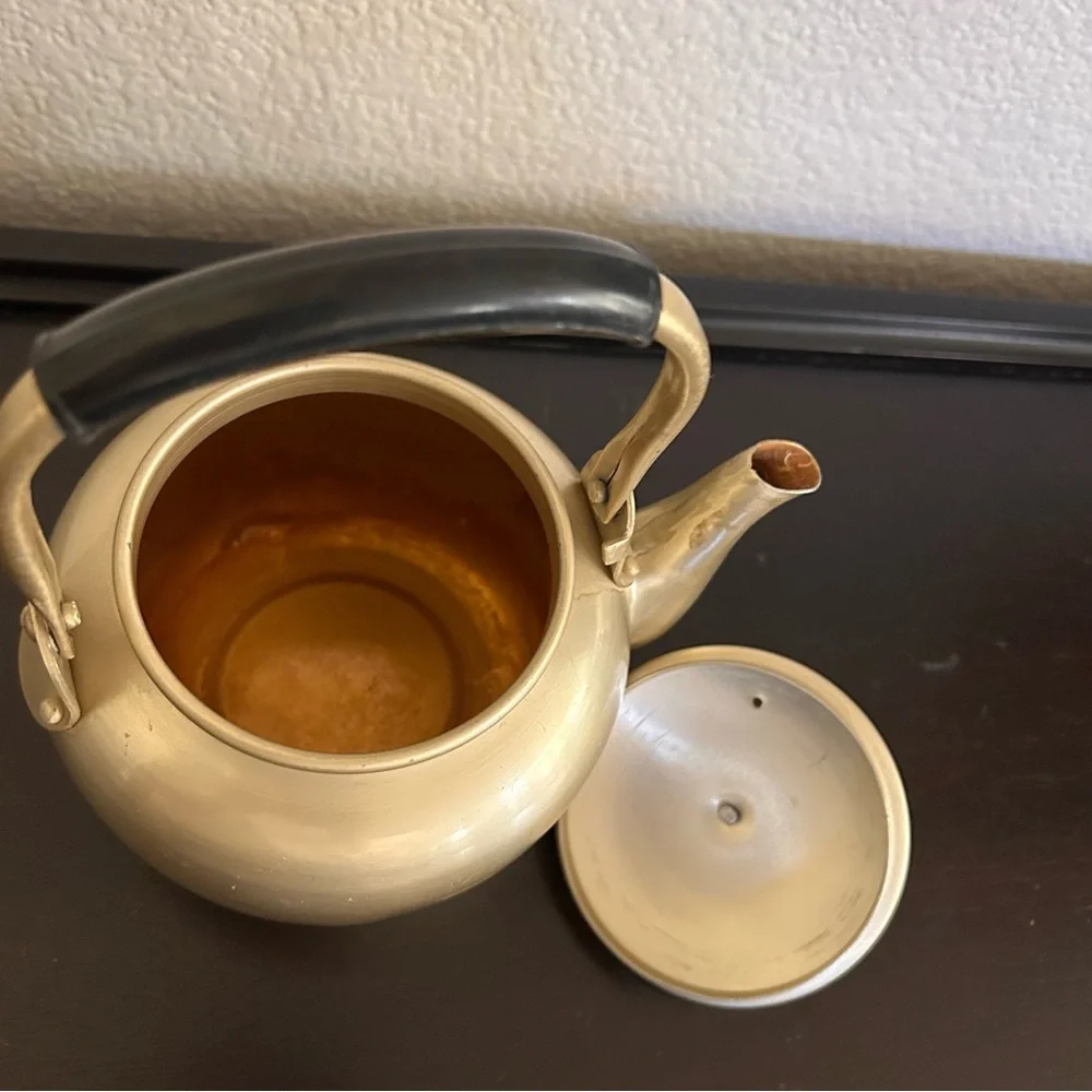 vintage gold-toned aluminum teapot with a black handle mid century modern 5” dia - Picture 6 of 10